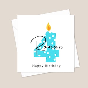 Carte personnalisée de 4e anniversaire, carte de joyeux 4e anniversaire, carte de quatre ans, carte de quatre ans, bougie d'anniversaire