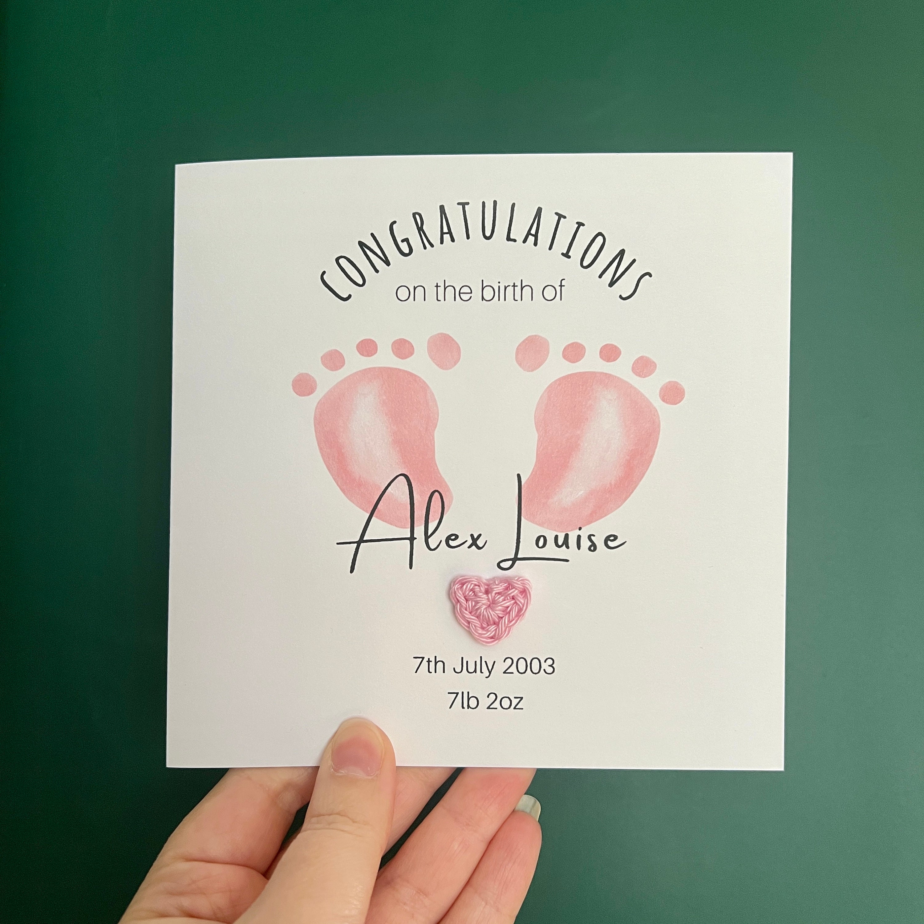Congratulations on the Birth of Your New Baby Girl Card, A New Baby Daughter, Its A Girl Card, Birth Statistics Card with Pink Crochet Heart
