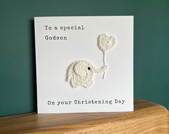 Personalised Baby Christening Card with Handmade Crochet Baby Elephant, Congratulations Baptism Card, Naming Day Card, Godson Goddaughter