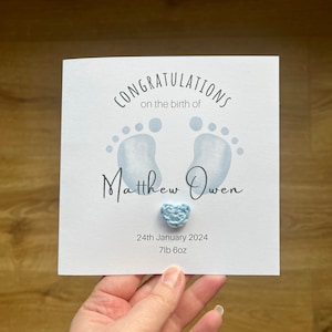 Félicitations pour votre nouveau bébé garçon, carte personnalisée C'est un garçon avec coeur au crochet bleu, carte avec statistiques de naissance pour nouveau bébé