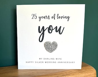 25th Silver Wedding Anniversary Card with Crochet Heart, Personalised Twenty Fifth Year Anniversary Card for Husband or Wife, Crochet Card