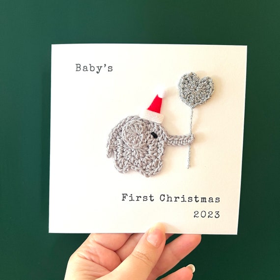 Baby's First Christmas Card, Handmade Baby Elephant Card, Personalised Crochet Card for Baby's 1st Christmas, Personalised 1st Xmas Card
