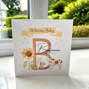 Personalised Welcome New Baby Card, Baby Farm Animals Card, New Baby Name & Initial Card