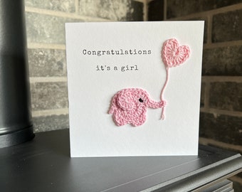 Personalised Congratulations, It's a Girl, New Baby Card, Handmade Baby Elephant Card, Crochet Card