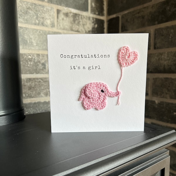 Personalised Congratulations, It's a Girl, New Baby Card, Handmade Baby Elephant Card, Crochet Card