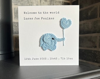 New Baby Card with Birth Stats, Personalised New Baby Card, Handmade Baby Elephant Card, Crochet Card for new parents, New Baby Boy Girl