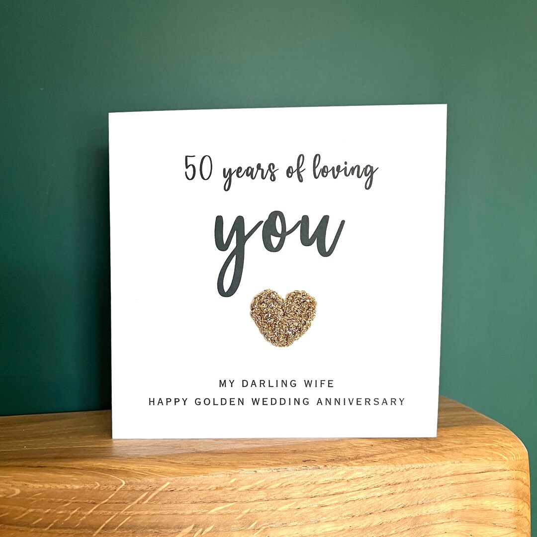 50th Golden Wedding Anniversary Card With Crochet Heart, Personalised ...