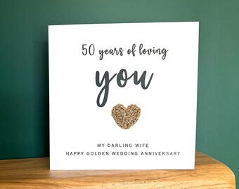 50th Golden Wedding Anniversary Card with Crochet Heart, Personalised Fiftieth Year Anniversary Card for Husband or Wife, Crochet Card