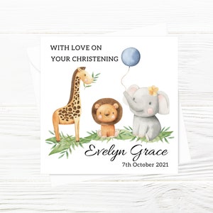 Carte de baptême personnalisée, carte de baptême de bébé, carte de jour de nommage, carte sur le thème des animaux de safari, avec amour sur votre carte de jour de baptême