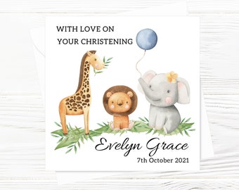 Personalised Christening Card, Baby Baptism Card, Naming Day Card, Safari Animal Themed Card, With Love On Your Christening Day Card