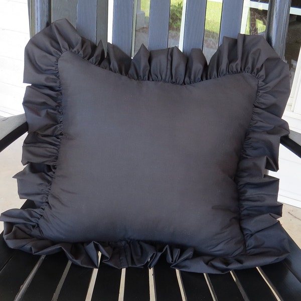 Black Ruffled Pillow Cover/Poly Cotton Pillow Cover/ Ruffled Pillow Cover/Available with or without pillow insert