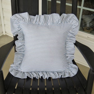 Blue Ticking Stripe ruffled Pillow Cover/Cotton Pillow Cover/Ticking Stripe Ruffled Pillow Cover/Available with or without pillow insert