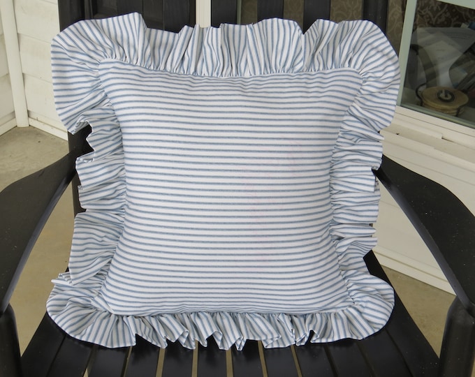 Blue and White Striped Ruffle Pillow Cover Cottage Chic Etsy