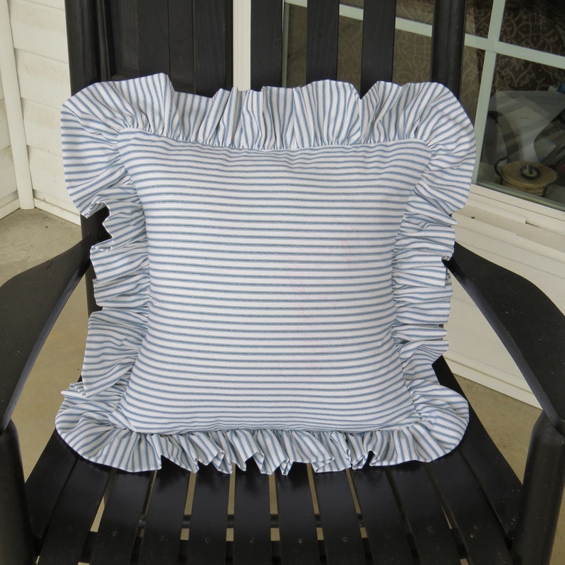 Blue Ticking Stripe ruffled Pillow Cover/Cotton Pillow Cover/Ticking Stripe Ruffled Pillow Cover/Available with or without pillow insert image 1