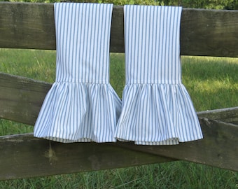 Ruffled Ticking Stripe Towels Pair/Farmhouse Kitchen/Cotton Farmhouse Towel Pair, Pair of Ticking Stripe Tea Towels