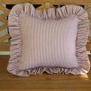 Red Ticking Stripe ruffled Pillow Cover/Cotton Pillow Cover/Ticking Stripe Ruffled Pillow Cover/Available with or without pillow insert