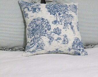 Toile blue pillow with Ticking Blue back