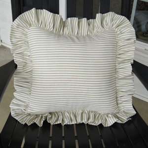 Green Ticking Stripe ruffled Pillow Cover/Cotton Pillow Cover/Ticking Stripe Ruffled Pillow Cover/Available with or without pillow insert