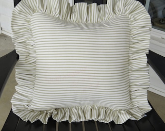 Green Ticking Stripe ruffled Pillow Cover/Cotton Pillow Cover/Ticking Stripe Ruffled Pillow Cover/Available with or without pillow insert