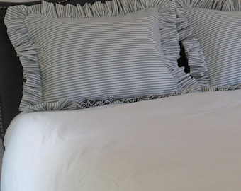 Blue Ticking Stripe ruffled Sham/Cotton Pillow Sham/Ticking Stripe Ruffled Sham/Available with or without pillow insert