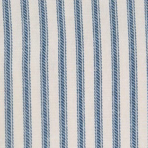 May include: Close-up of a fabric with vertical blue stripes on a white background. The stripes are evenly spaced and have a textured appearance, creating a classic, timeless pattern. The fabric appears to be cotton or a similar material.