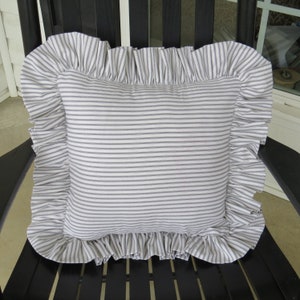Gray Ticking Stripe ruffled Pillow Cover/Cotton Pillow Cover/Ticking Stripe Ruffled Pillow Cover/Available with or without pillow insert