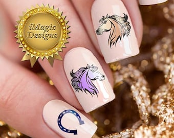 Nail Decals Stickers, Water Slide Nail Art Transfers, Horse Head or Horse Shoe, Nail Tattoos