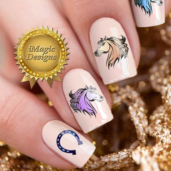 Nail Decals Stickers, Water Slide Nail Art Transfers, Horse Head or Horse Shoe, Nail Tattoos