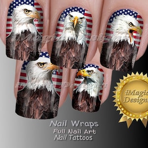 Nail Wraps, Decalcomanie per unghie complete Waterslide, Aquila americana, Tatuaggi per unghie