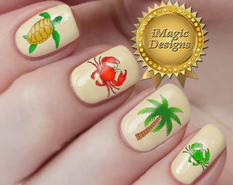 Stickers ongles, Stickers toboggan aquatique, palmier, tortue de mer ou crabe, tatouages sur les ongles