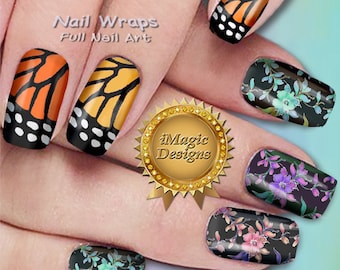 Op de afbeelding: Nagelwraps met vlinder- en bloemmotieven. De wraps zijn te zien op vingernagels. De tekst "Nail Wraps Full Nail Art" is zichtbaar op de afbeelding. De tekst "iMagic Designs" is ook zichtbaar op de afbeelding.