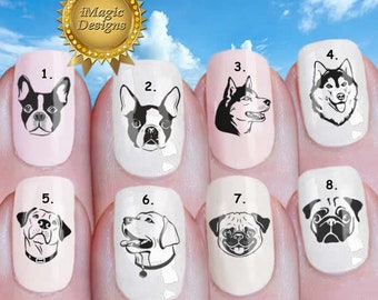 Nail Decals, Water Slide Nail Transfers, Dog Nail Stickers, Boston Terrier, Husky, Labrador or Pug Simple Art, Nail Tattoos