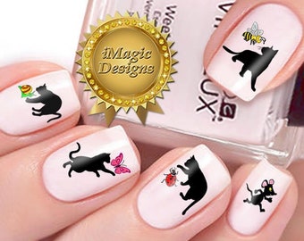 Cat Nail Stickers, Water Slide Nail Decals, Cat Playing Outside, Nail Tattoos