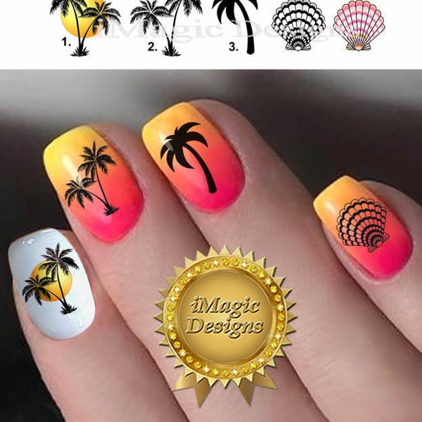 Waterslide Nail Decals, Tropical Nail Stickers, Palm Trees or Shell, Nail Tattoos