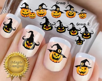 Halloween Nail Decals, Halloween Waterslide Nail Stickers, Pumpkin in a Hat, Nail Tattoos