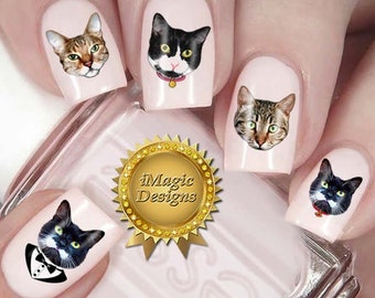 Stickers ongles, décalcomanies pour toboggan aquatique, stickers pour ongles, séance photo de chats - chat tigré brun ou chat smoking, tatouages pour les ongles