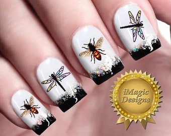 Waterslide Nail Decals, Nail Art Transfer Stickers, Dragonfly or Bee, Nail Tattoos
