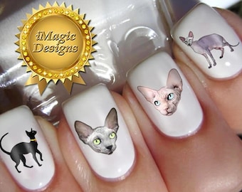 Nail Decals, Water Slide Nail Stickers, Graceful Sphynx Cat, Nail Tattoos