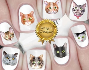 Nail Decals, Water Slide Nail Transfers, Nail Stickers, Cats Photo Shoot - Tabby, British Shorthair, Bengal, Red, Black or White/Black Cat