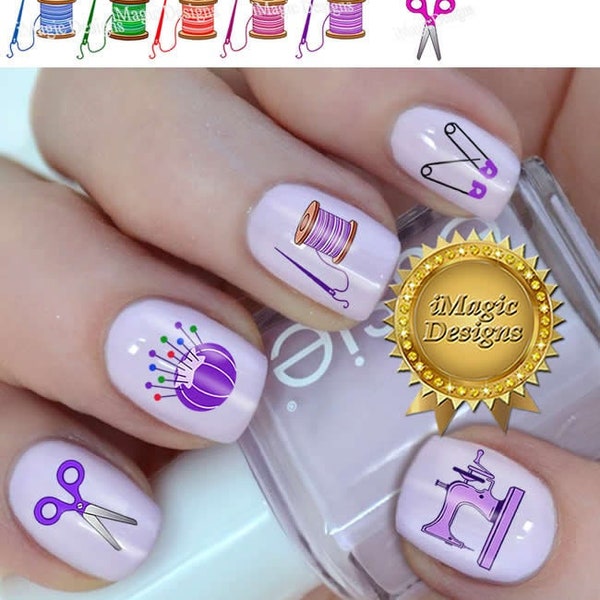 Sewing Nail Art Decals, Water Slide, Easy Nail Transfer Stickers, Sewing Pin Cushion, Sewing Machine, Safety Pins or Spool, Nail Tattoos