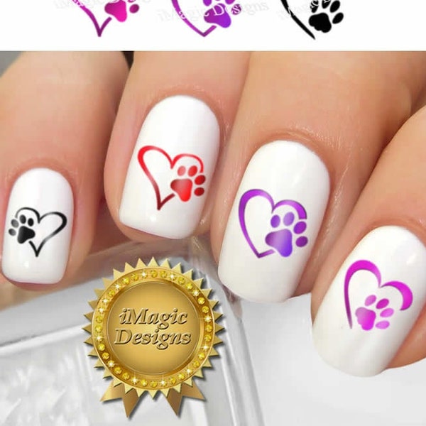 Waterslide Nail Art Decals, Nail Stickers, Dog Paw Heart, Nail Tattoos
