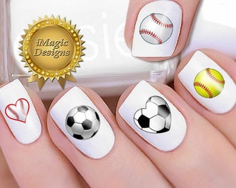 Nail Stickers, Water Slide Nail Decals, Softball, Baseball or Soccer Ball Heart, Nail Tattoos