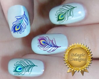 Nail Art Decals, Water Slide Nail Stickers, Peacock Feather, Nail Tattoos