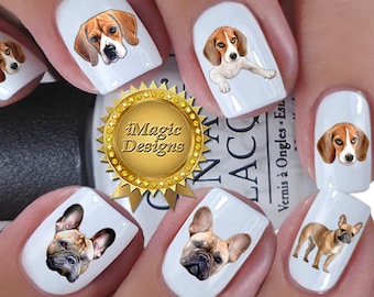 Nail Decals, Water Slide Nail Transfers, Nail Stickers, Dogs Photo Shoot - French Bulldog or Beagle, Nail Tattoos