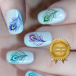 Nail Art Decals, Water Slide Nail Stickers, Peacock Feather, Nail Tattoos image 1