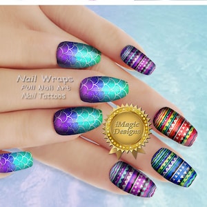 Meerjungfrau Schwanz oder Chevron Muster, Nail Wraps, Wasserschiebefolie Full Nail Art Decals, Nageltattoos