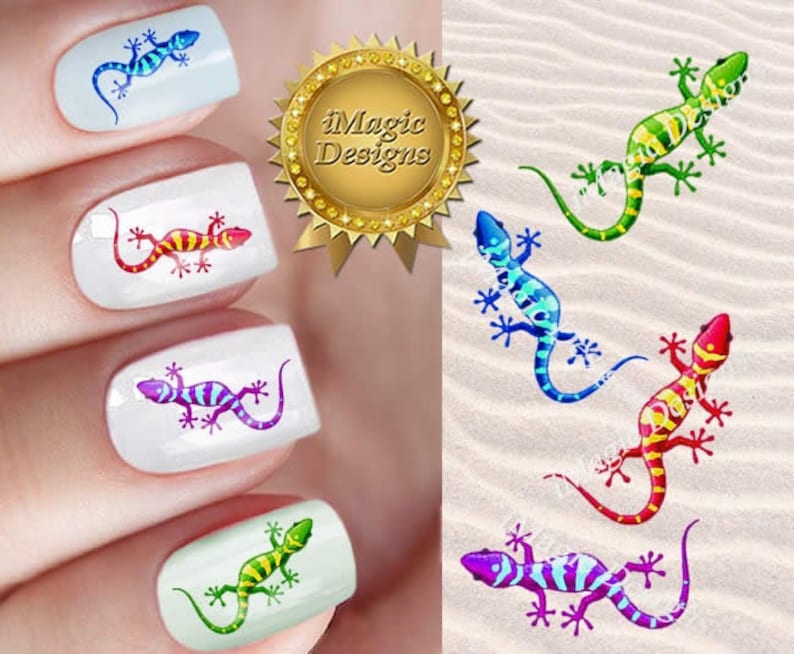May include: Five fingernails with colorful gecko nail art designs. The geckos are in shades of blue, green, purple, red, and orange.
