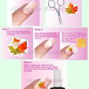 Peut inclure: Instructions &eacute;tape par &eacute;tape pour appliquer des autocollants pour ongles. L'image montre un ongle avec un motif de feuille d'automne, des ciseaux, un flacon de vernis &agrave; ongles et une feuille d'autocollants. Les instructions comprennent l'application d'une couche de base, la d&eacute;coupe de l'autocollant, l'application de l'autocollant et la finition avec une couche de finition.