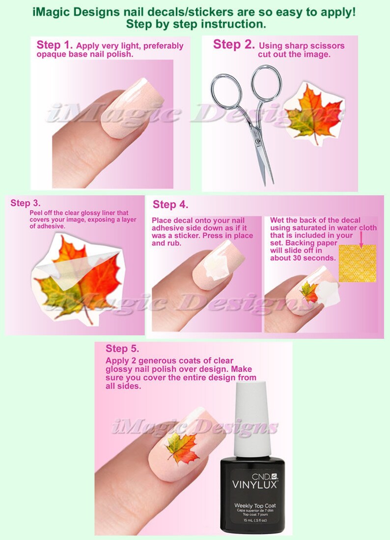 Peut inclure: Instructions &eacute;tape par &eacute;tape pour appliquer des autocollants pour ongles. L'image montre un ongle avec un motif de feuille d'automne, des ciseaux, un flacon de vernis &agrave; ongles et une feuille d'autocollants. Les instructions comprennent l'application d'une couche de base, la d&eacute;coupe de l'autocollant, l'application de l'autocollant et la finition avec une couche de finition.