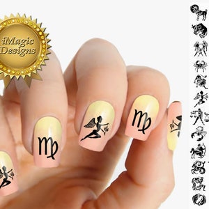 May include: Set of nail decals featuring the Virgo zodiac sign. The decals include a stylized image of a woman with wings and the Virgo symbol. The set also includes all 12 zodiac signs.